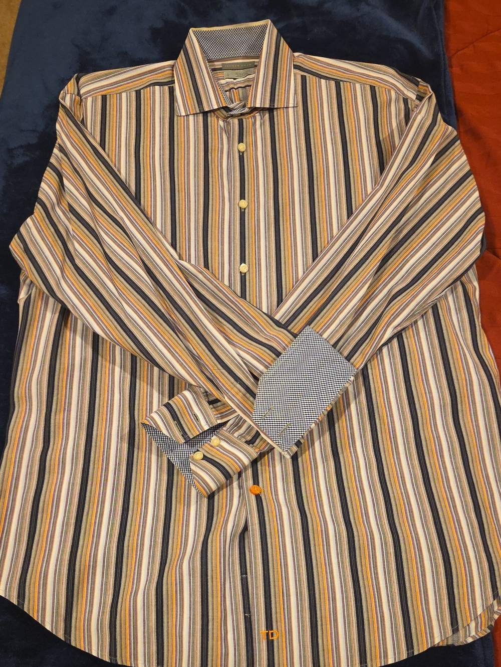 Thomas Dean Multicolor Striped Dress Shirt - Yellow, Navy & Cream